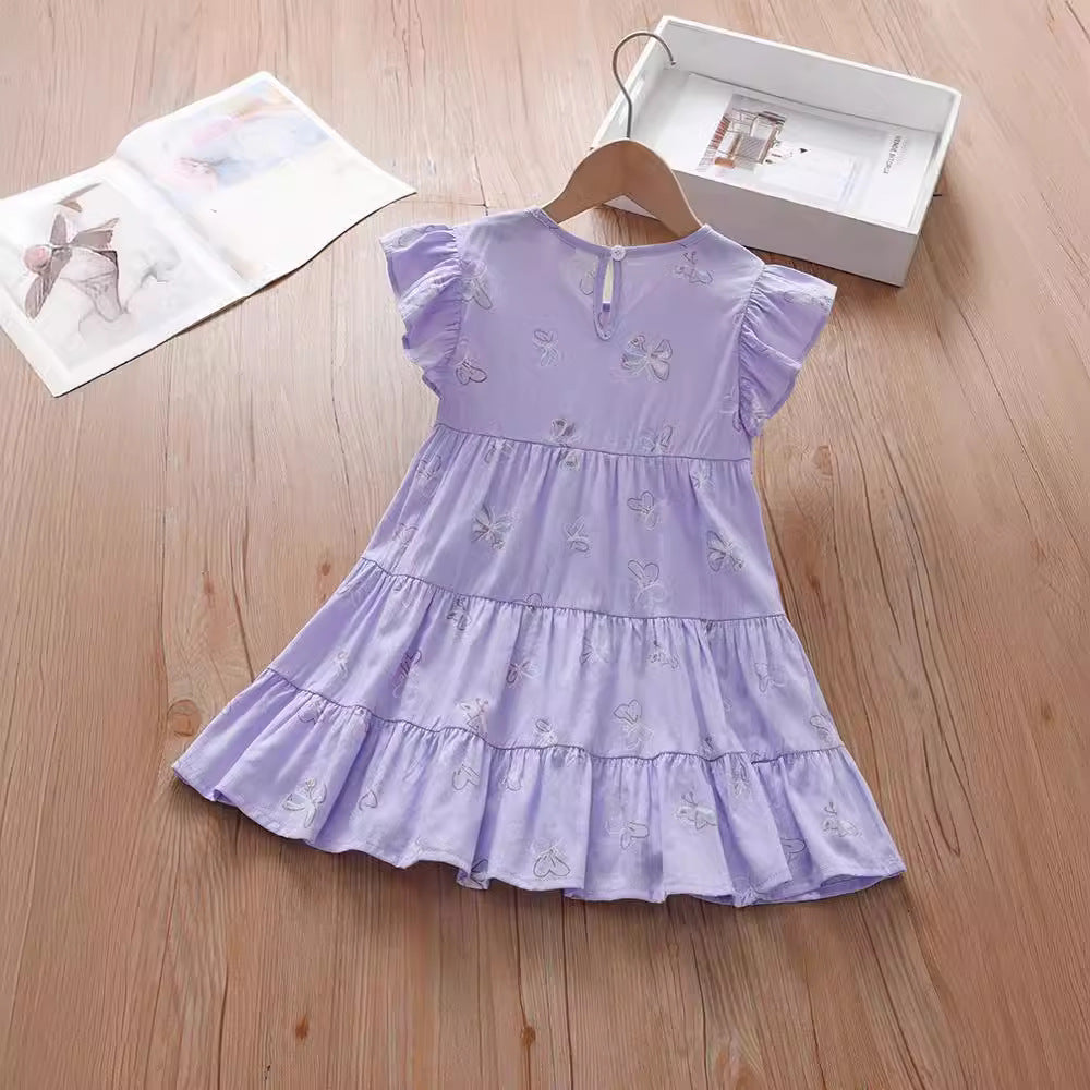 Summer Kids Girls Purple Fly Sleeves Crew Neck Butterfly Print Dress-1