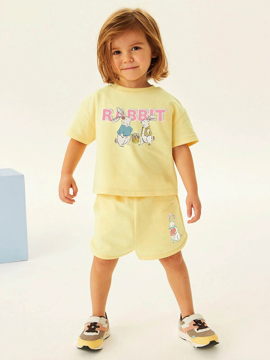 Summer Baby Kids Girls Rabbits Cartoon Print T-Shirt And Shorts Clothing Set-5