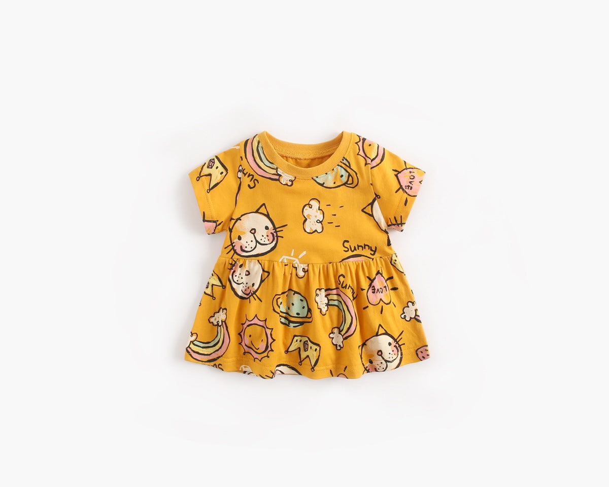 Baby Girls Cartoon Print Short-Sleeved O-Neck Dress In Summer-0