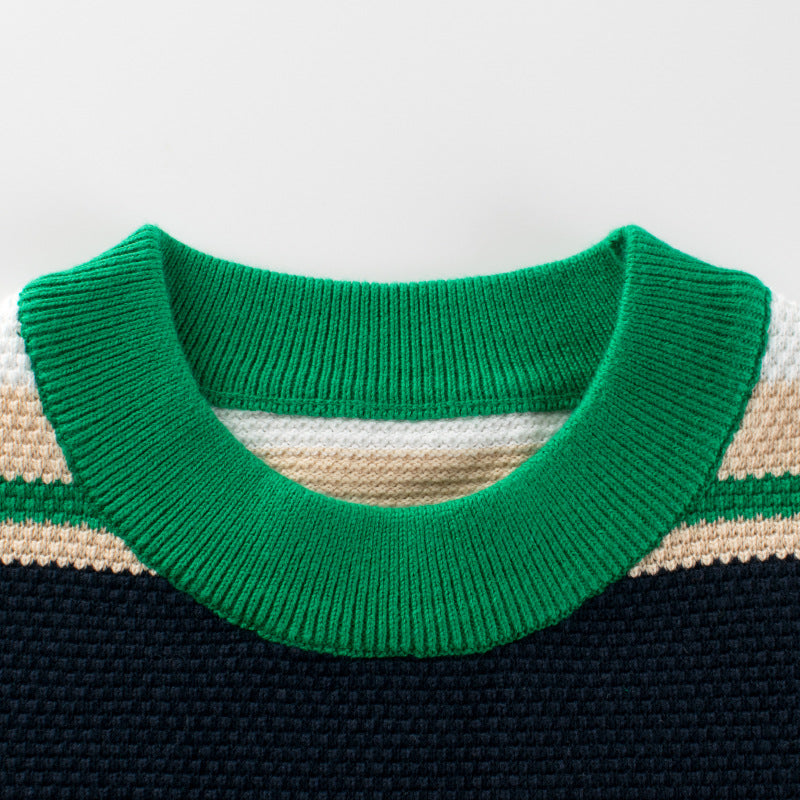 Children Green Striped Graphic Korean Style Pullover Knitwear Sweater-1