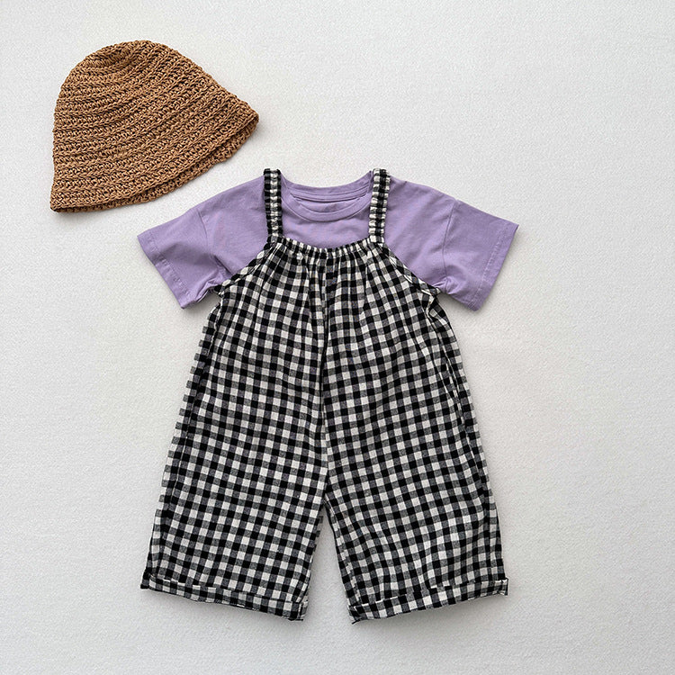 New Arrival Summer Baby Kids Girls Black Plaid Cotton Overalls-1