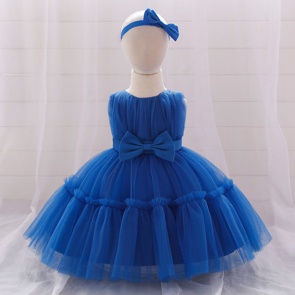 New Arrival Summer Baby Kids Girls Sleeveless Solid Color Ruffle Mesh Bow Tied Dress-0