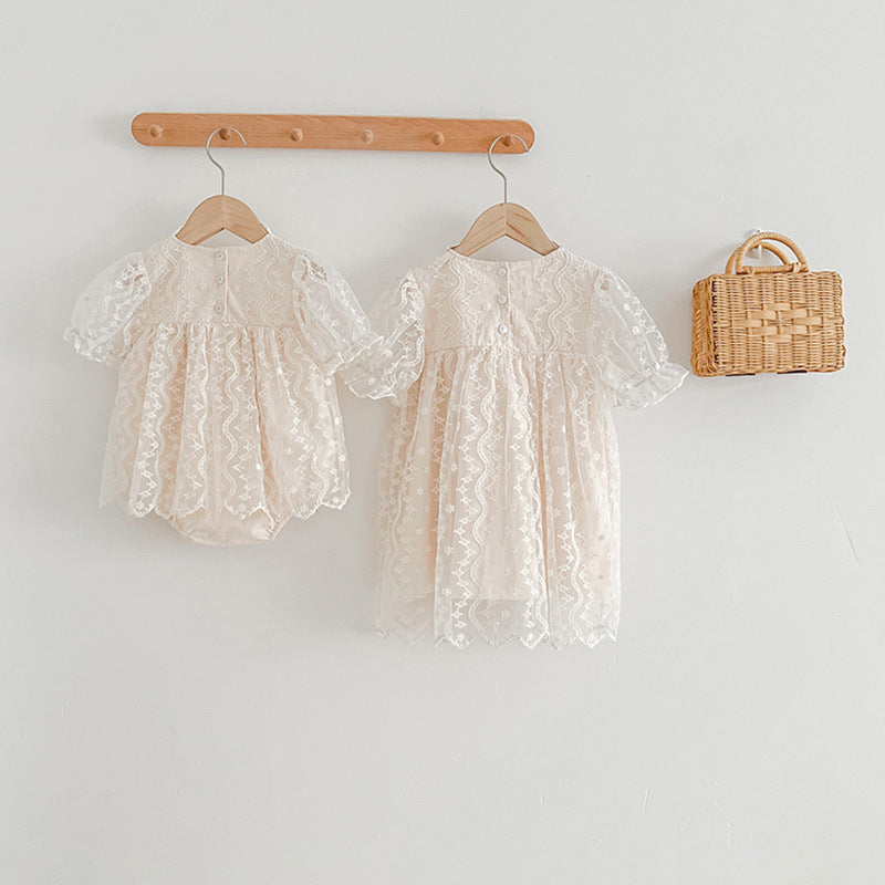 Summer Girls Lace Mesh Square Neck Onesies And Girls’ Dress – Princess Sister Matching Set-1