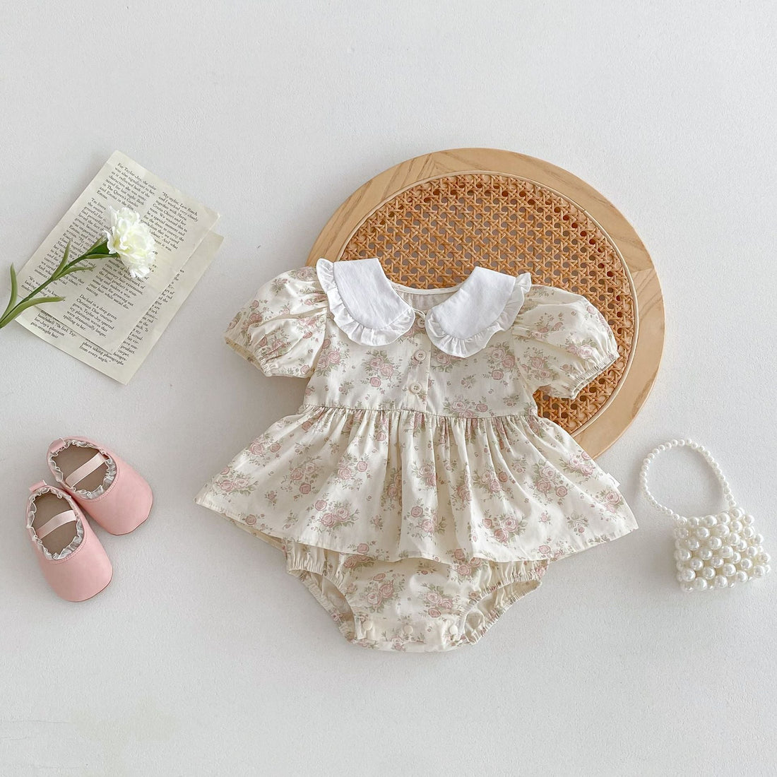 Summer New Arrival Baby Girls Short Sleeves Flowers Pattern Peter Pan Collar Onesies Dress-0