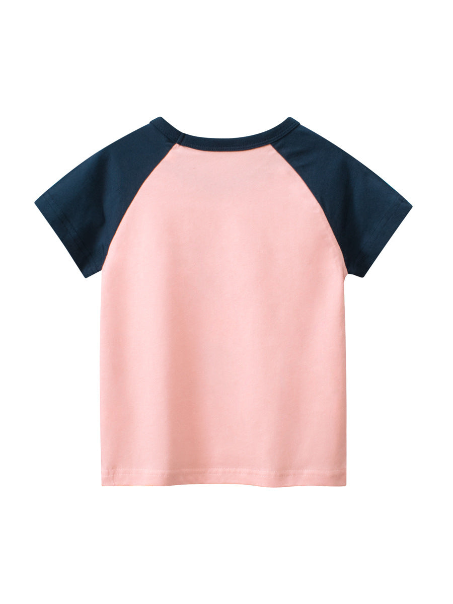 Cute Bear Print Girls’ Patchwork T-Shirt For Summer-1