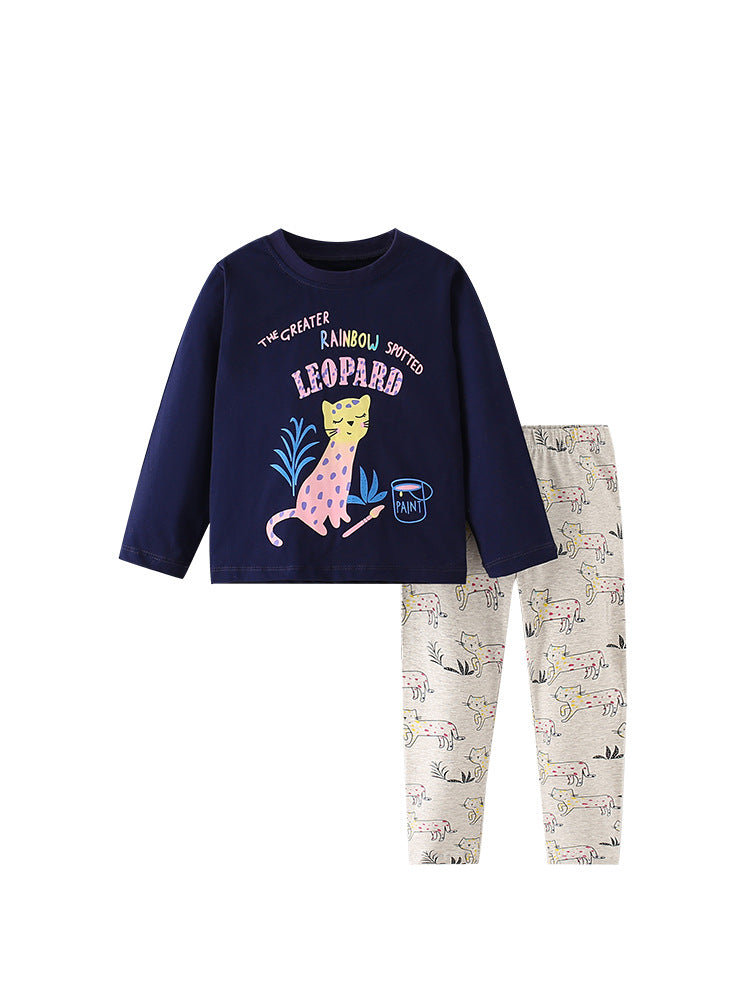 Girls Leopard Cartoon Animals Printing Design Top And Pants Set-0