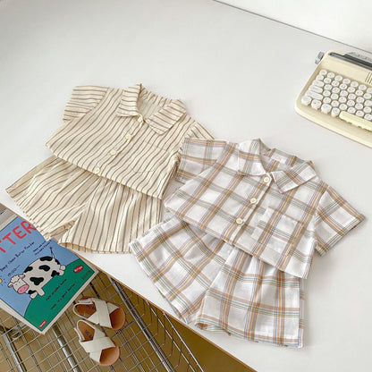 Summer Baby Kids Boys Plaid/Striped Pattern Turn-Down Collar Shirt And Shorts Clothing Set-3