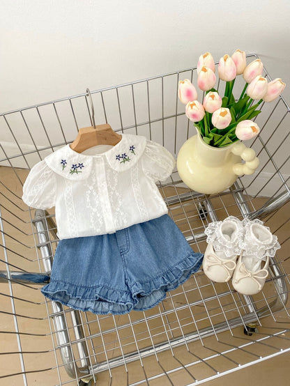 Summer Hot Selling Baby Girls Floral Embroidery Short Sleeves Top And Denim Shorts Clothing Set-0