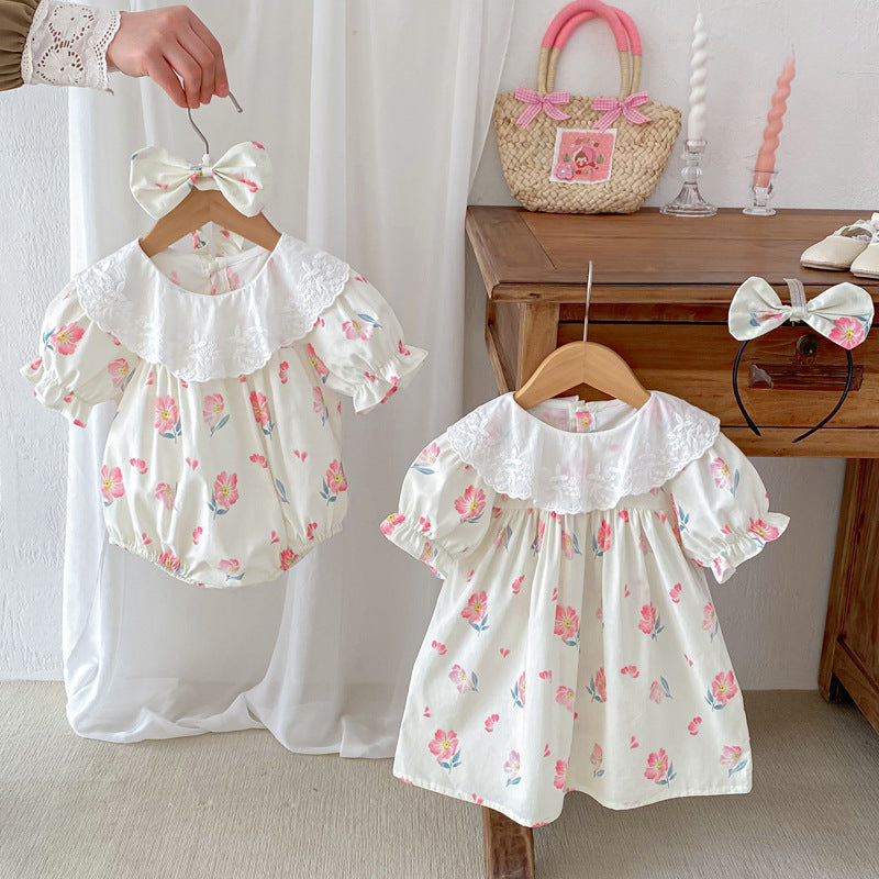 Summer Girls Flowers Pattern Short Sleeves Embroidery Collar Onesies And Dress – Sister Matching Clothing Set-3