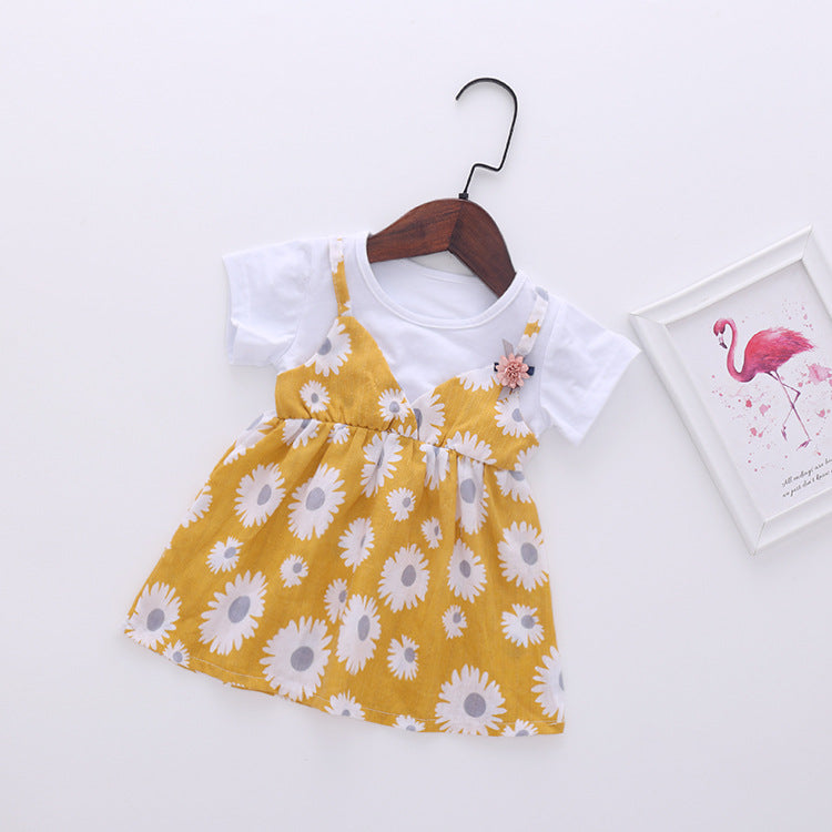 Baby Girl Little Daisy Print Pattern False Two-Piece Patchwork Design Round Collar Short-Sleeved Dress-1