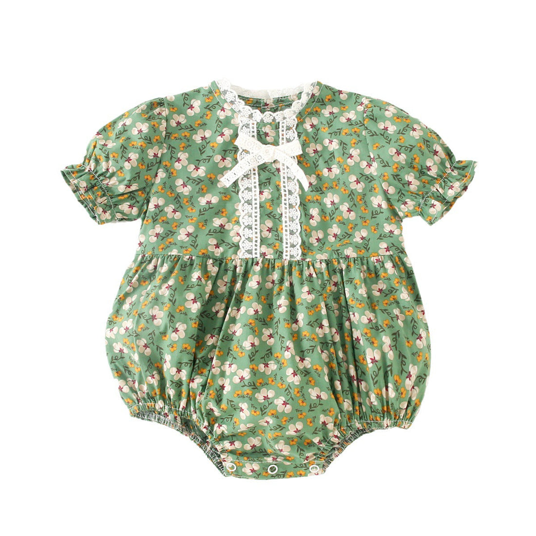 Summer New Arrival Baby Girls Floral Print Short Sleeves Lace Neck Vintage Onesies-0