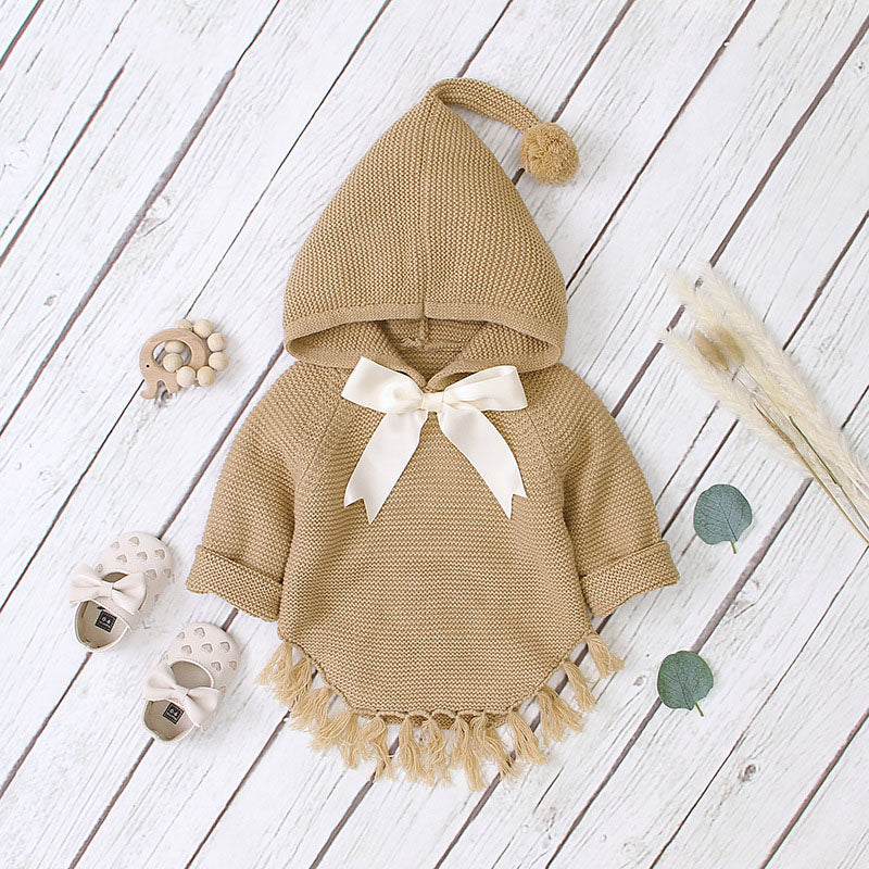 Baby Girl 1pcs Solid Color Big Bow Tie Patched Design Shawl Kniited Hoodies With Hat-1