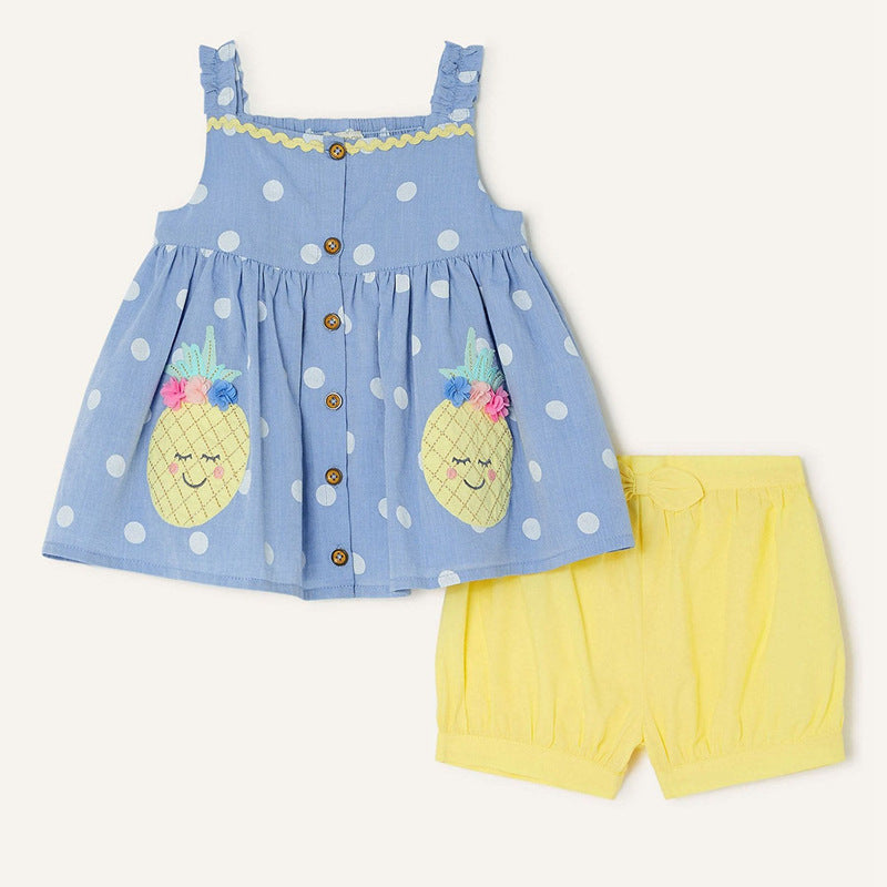 Summer Baby Kids Girls Top Polka Dots Strap Dress And Solid Color Shorts Clothing Set-1