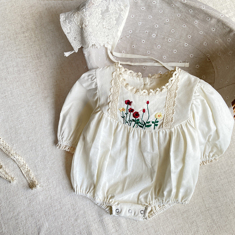 Baby Solid Color Embroidered Pattern Long Sleeve Onesies With Hat-0