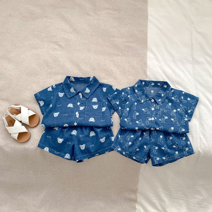 Summer Baby Kids Boys Abstract Cartoon Pattern Denim Turn-Down Collar Shirt And Shorts Clothing Set-0