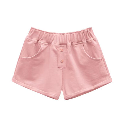 Baby Girl Solid Color Button Design Flap Short Pants With Pockets-1