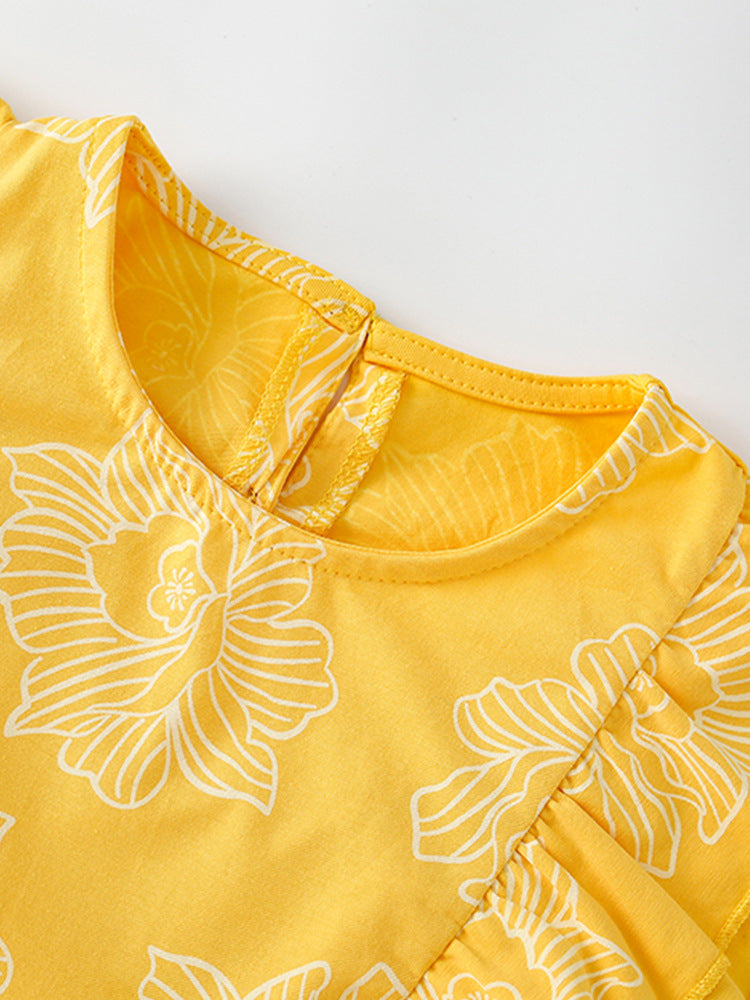 Summer New Arrival Girls’ Flowers Pattern Fly Sleeves Crew Neck Yellow Dress-1