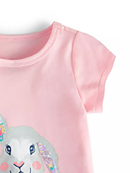 Crew Neck Rabbit Cartoon Pattern Girls’ T-Shirt In European And American Style For Summer-2