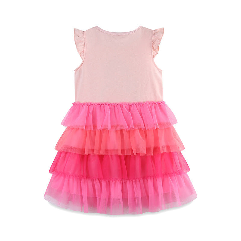 Girls Summer Cartoon Applique Sleeveless Gradient Mesh Design Dress-1