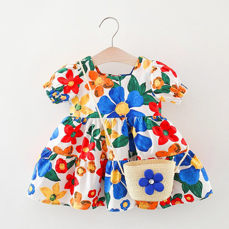 Baby Floral Pattern Short Sleeve Crewneck Dress-0