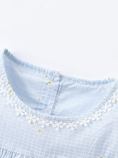 Summer New Arrival Girls’ Simple Plaid Short Sleeves Light Blue Dress-1