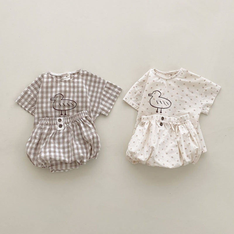 Baby Girl Plaid Polka Dot Pattern Duckling Print Short Sleeved Top Combo Pants Sets-1