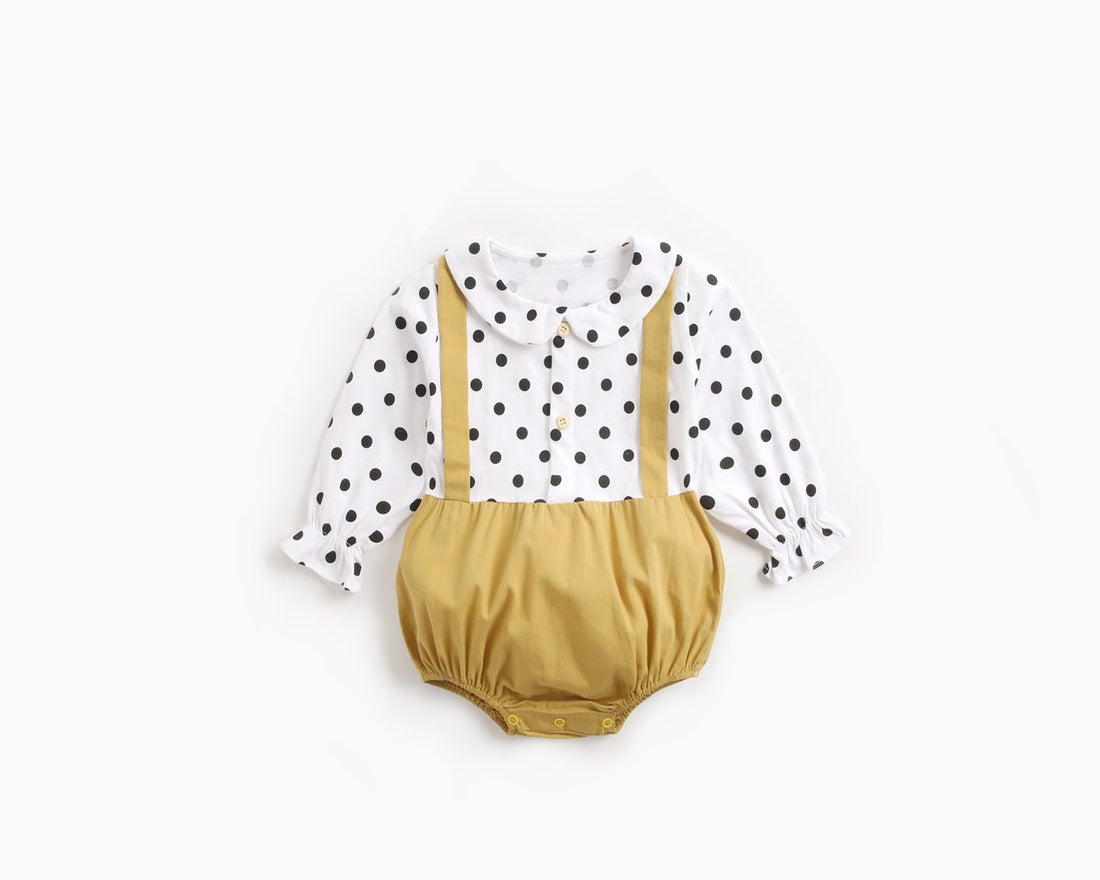 Baby Girl Polka Dot Pattern Doll Collar Design Fake Two Piece Backless Long Sleeve Onesies-1