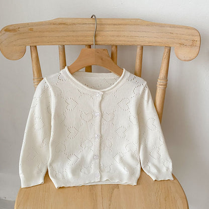 Baby Girl Solid Color Heart Hollow Carved Design Thin Style Cardigan-1