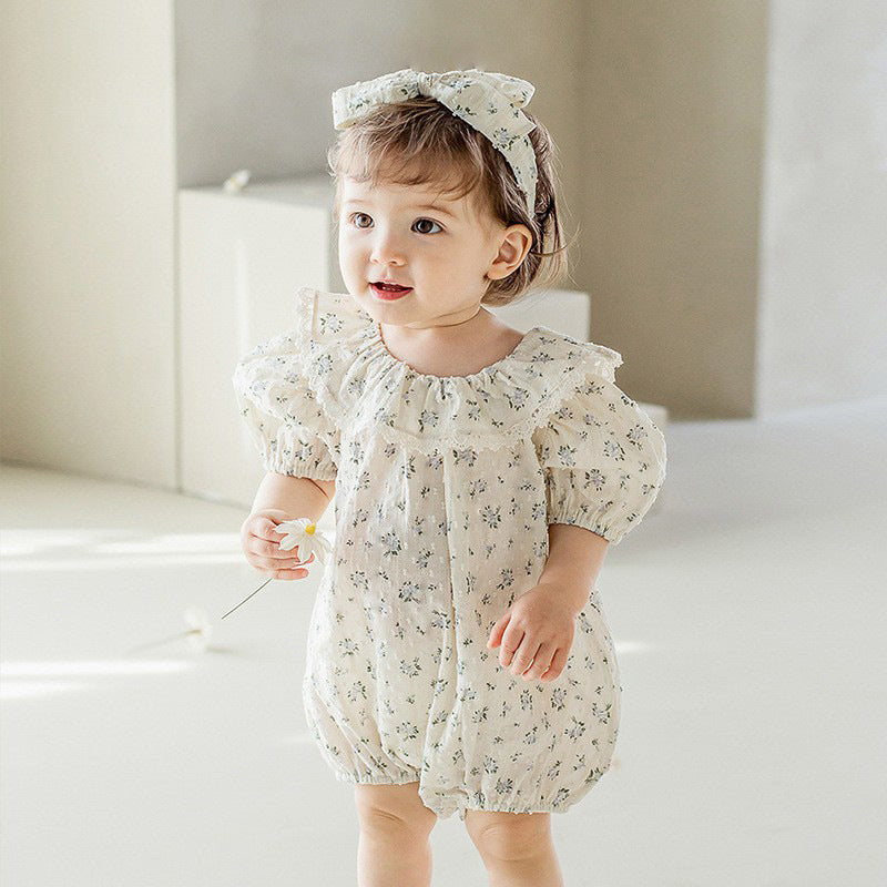 Baby Girl Flower Pattern Flying Sleeves Onesies &amp; Clothing Sets With Headband-1