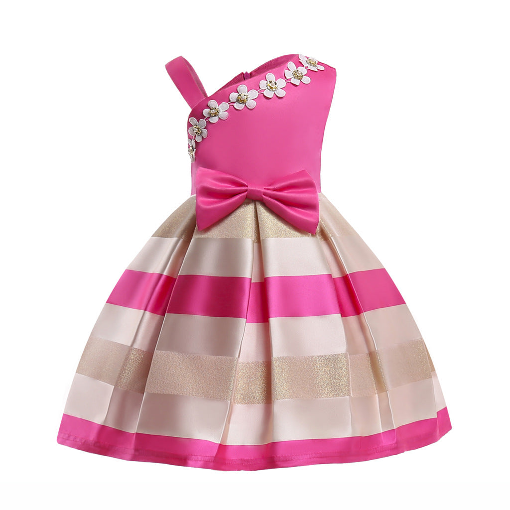 Baby Girl Floral Patched Pattern Striped Tutu Princess Dress One Shoulder Dress-5