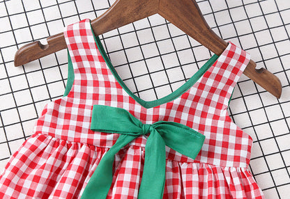 Baby Girl Plaid Pattern Bow Tie Decoration Sleeveless Dress-1