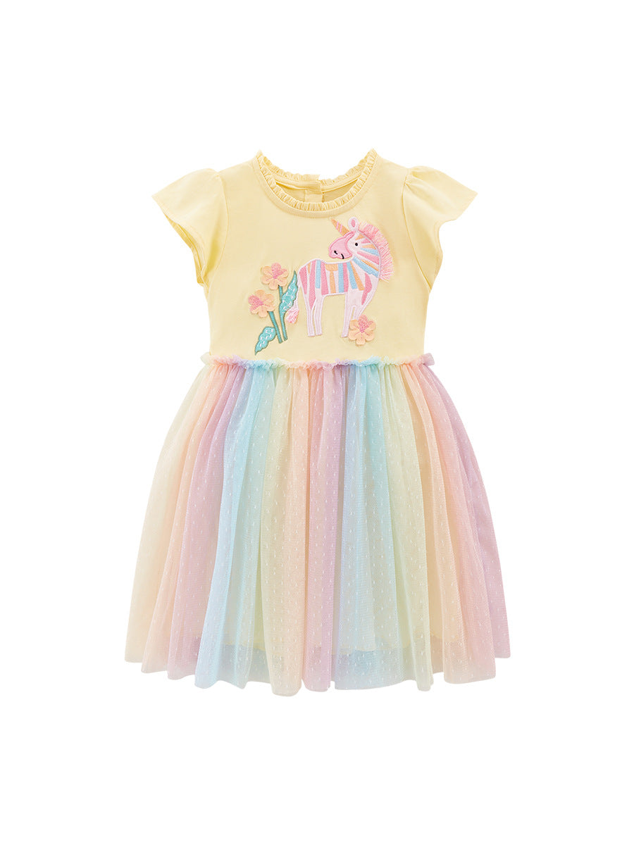 Spring And Summer Baby Girls Short Sleeves Floral Unicorn Cartoon Chiffon Dress-0