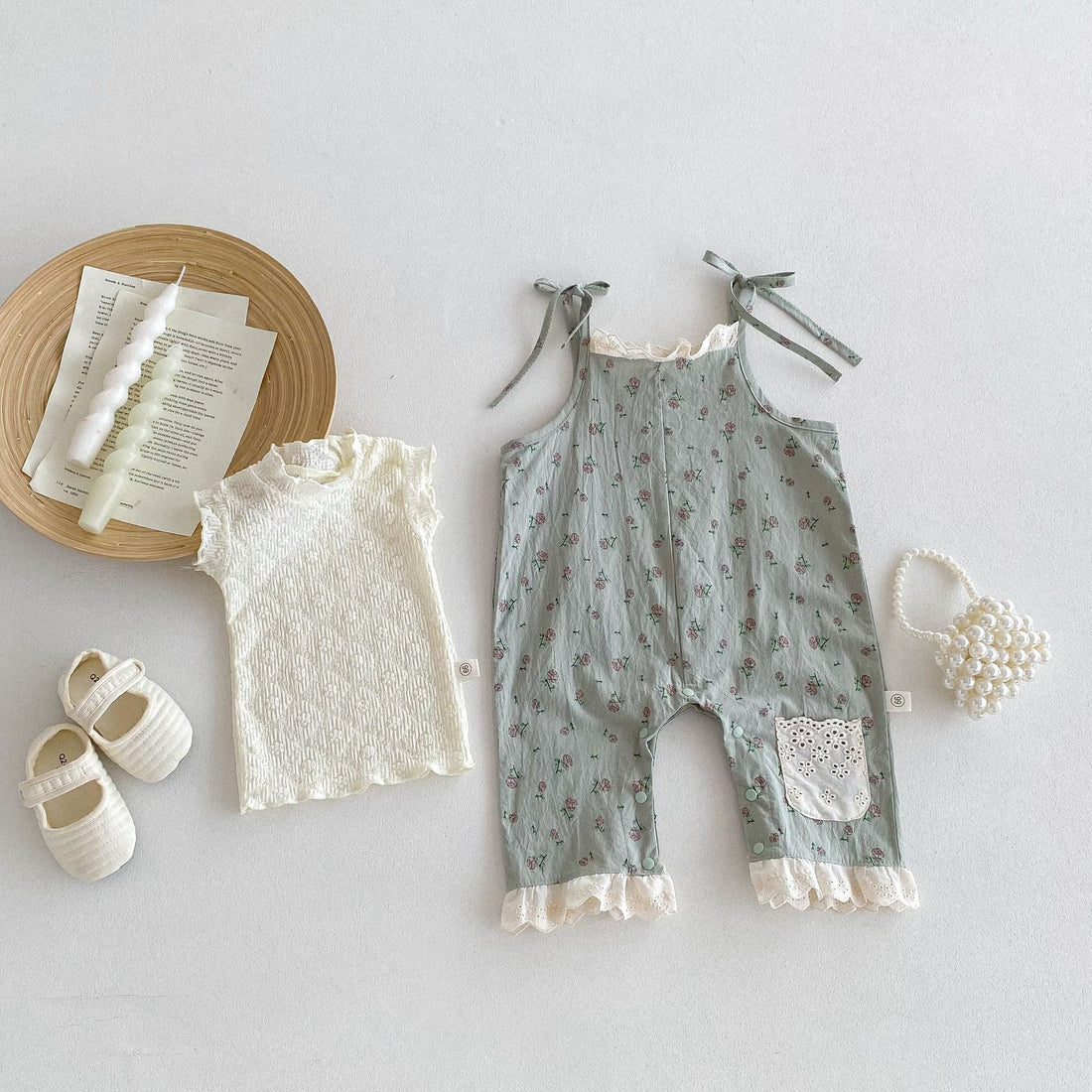 Summer Hot Selling Baby Girls Sleeveless Floral Pattern Strap Romper And Solid Color Embroidery Shirt  Clothing Set-1