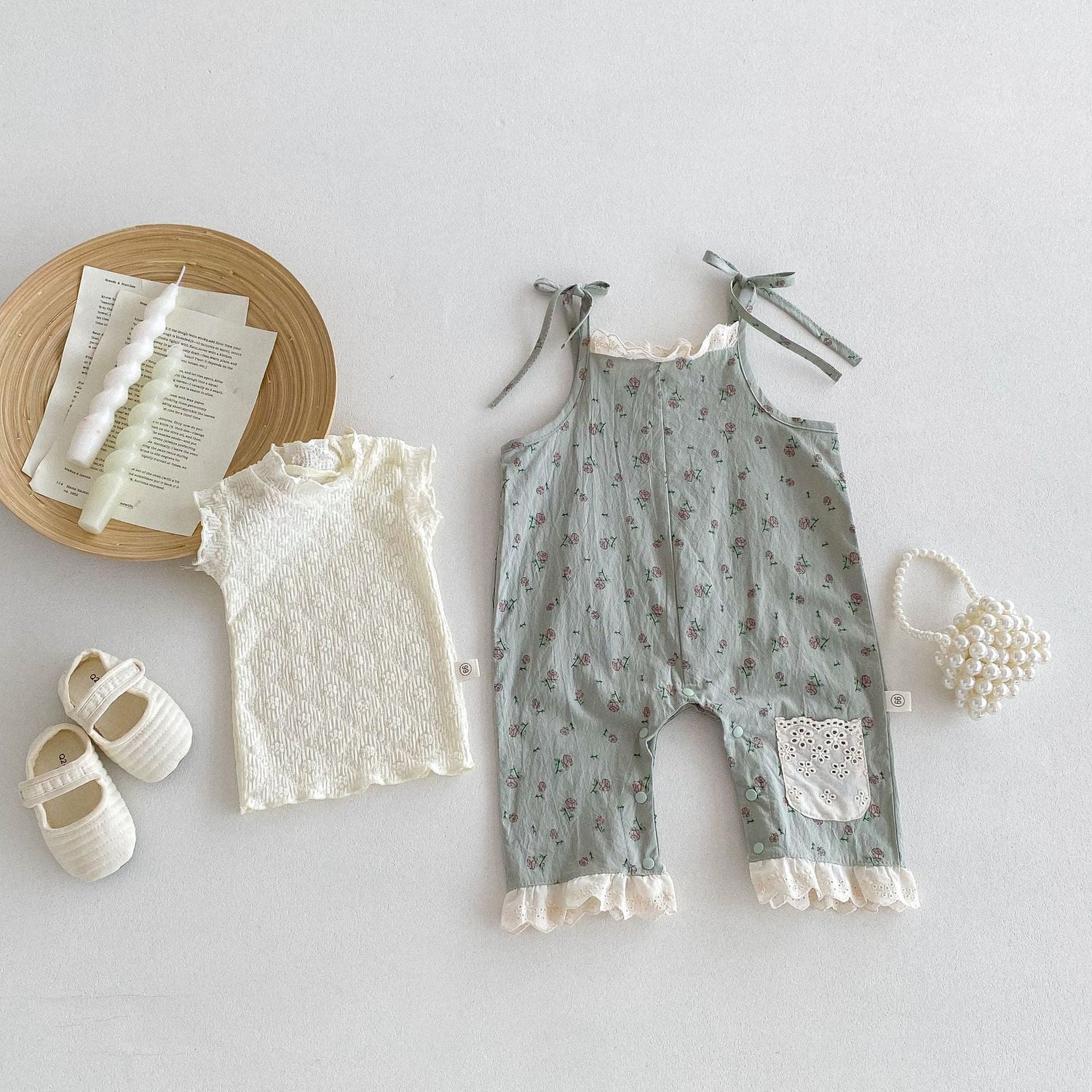 Summer Hot Selling Baby Girls Sleeveless Floral Pattern Strap Romper And Solid Color Embroidery Shirt  Clothing Set-1