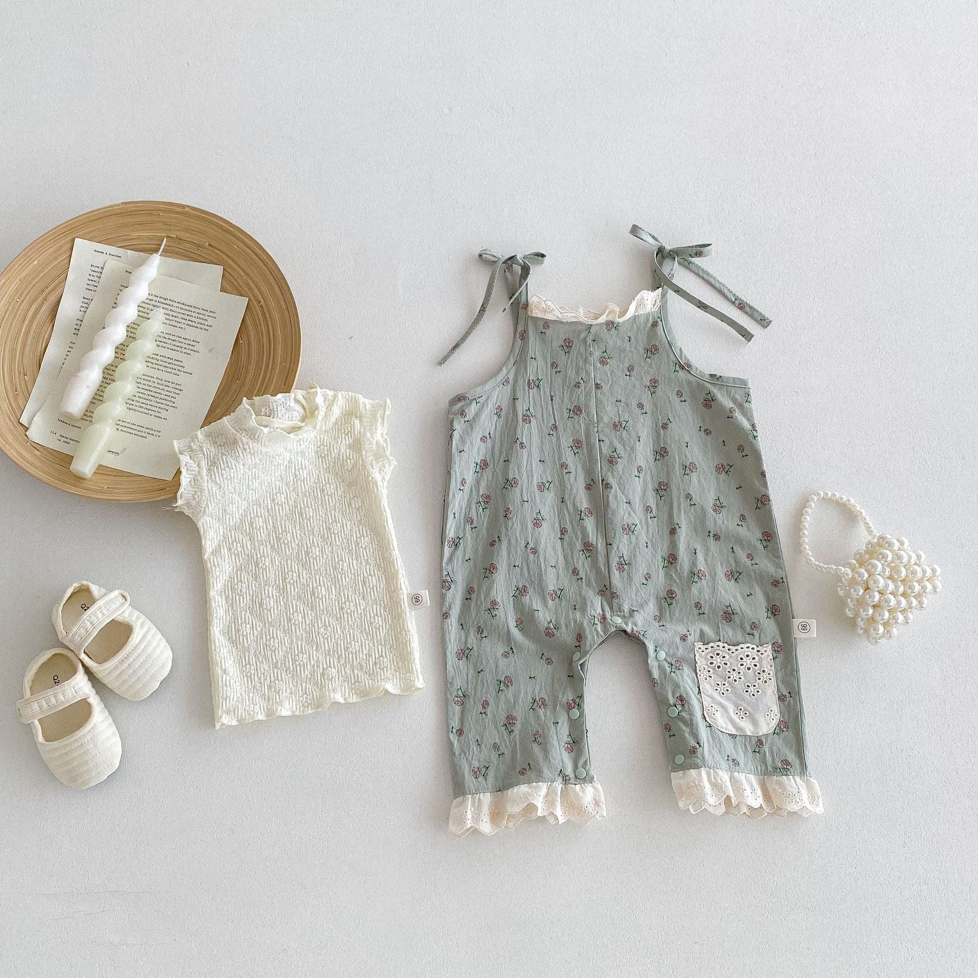 Summer Hot Selling Baby Girls Sleeveless Floral Pattern Strap Romper And Solid Color Embroidery Shirt  Clothing Set-1