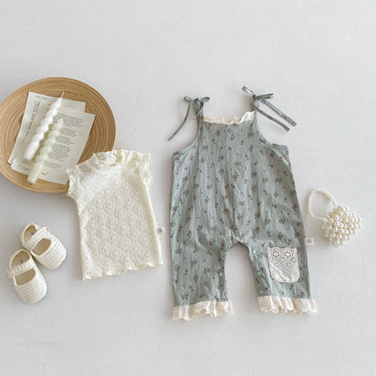 Summer Hot Selling Baby Girls Sleeveless Floral Pattern Strap Romper And Solid Color Embroidery Shirt  Clothing Set-1