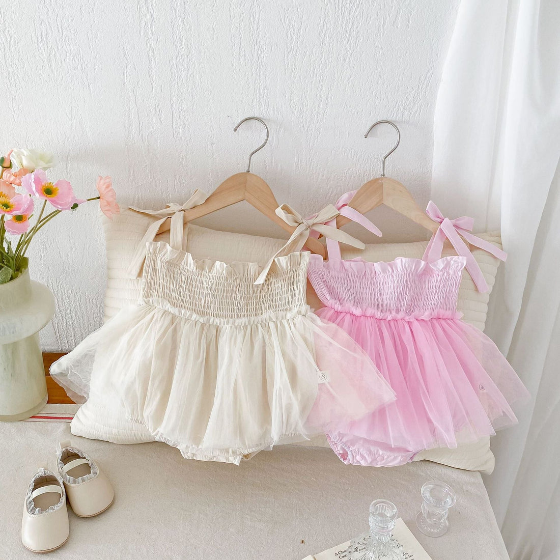 Summer New Arrival Baby Girls Sleeveless Solid Color Pleated Strap Tulle Onesies Dress-0