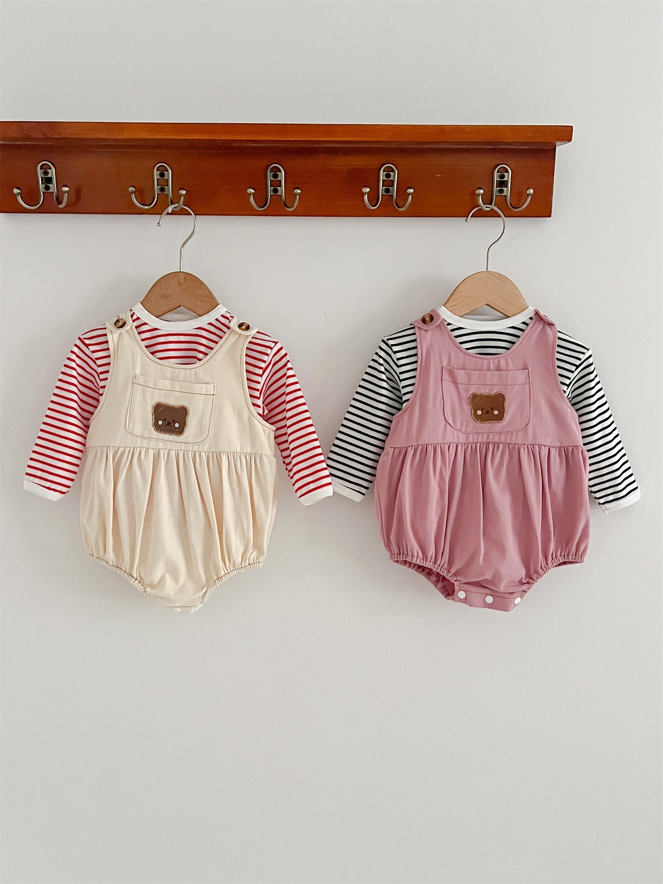 Baby Girls Cute Teddy Overalls Onesie And Striped Top Set-0