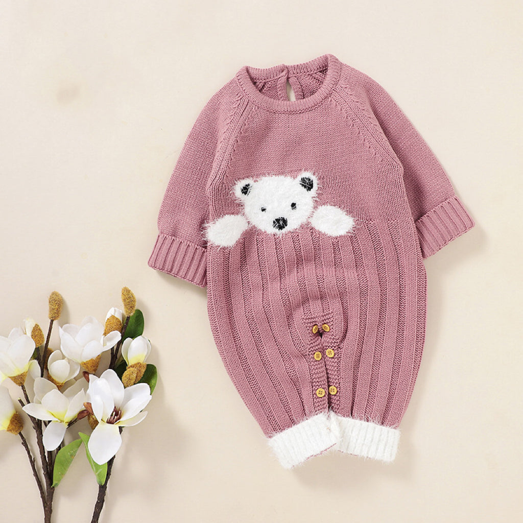 Baby Bear Jacquard Design Long Sleeve Cute Knitted Jumpsuits-0