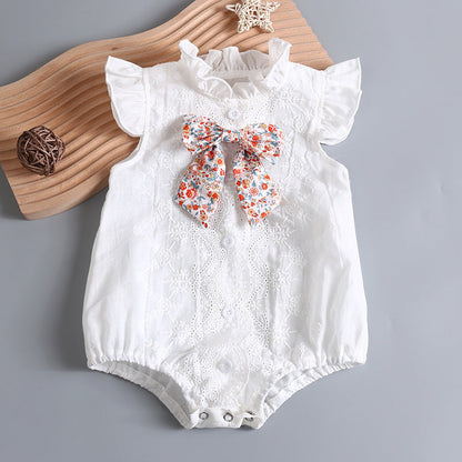 Baby Girl Embroidery Pattern Round Neck Mullet Design Sleeveless Cardigan Onesies With Bow Decorations-0