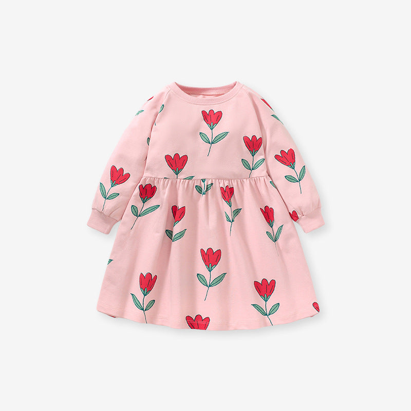 Spring Grils Baby Kids Long Sleeve Floral Pink Princess Dress-0