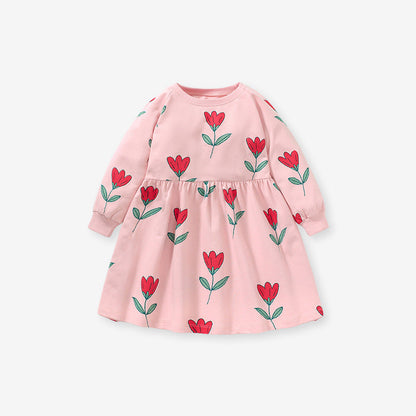 Spring Grils Baby Kids Long Sleeve Floral Pink Princess Dress-0