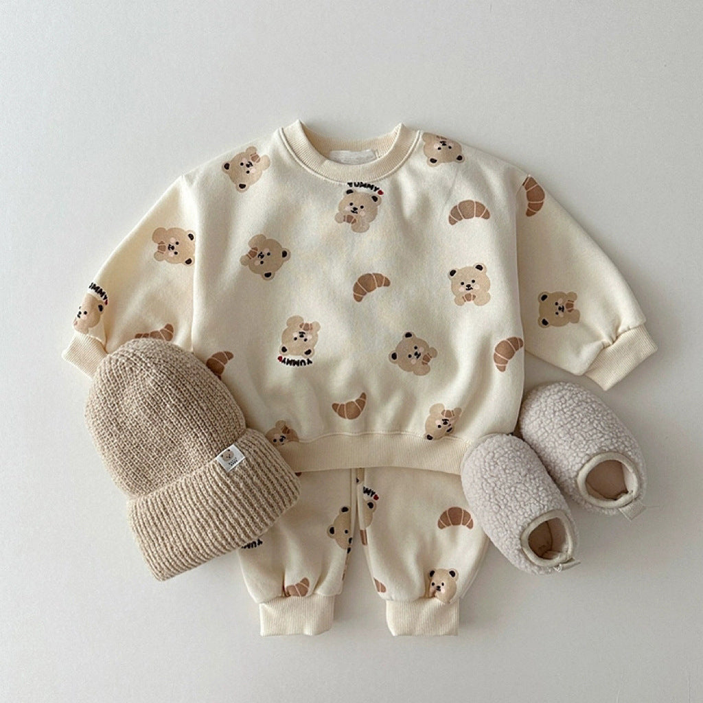 Unisex Baby And Kids Apricot Animals Cartoon Top And Pants Casual Home Clothing Set-1