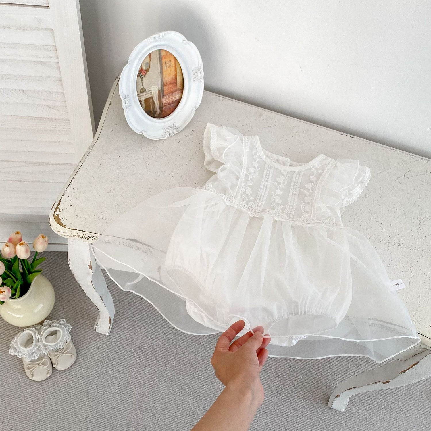Summer New Arrival Baby Girls Flower-Embroidered Fly Sleeves Crew Neck White Onesies Dress-0