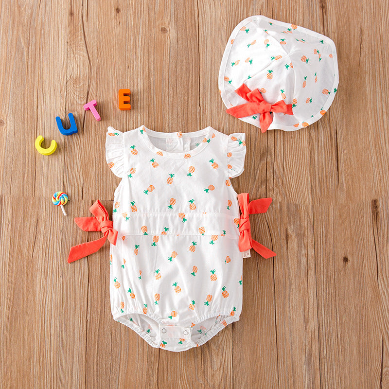 Baby Girl Fruit Print Drawstring Design Round Neck Onesies-1