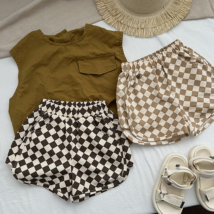 Baby Checkerboard Pattern Casual Summer Shorts-1