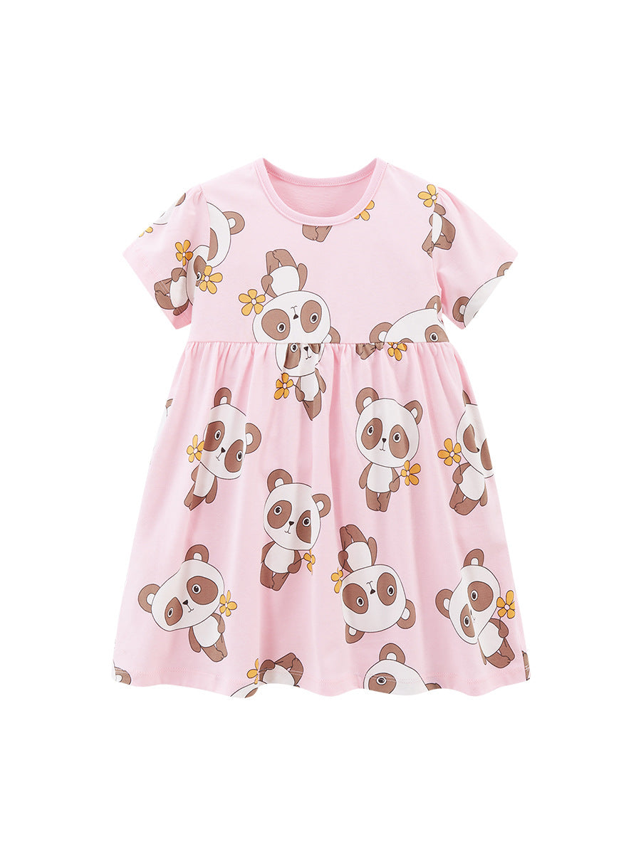 Spring And Summer Baby Girls Pink Short Sleeves Panda Animals Collection Dress-0