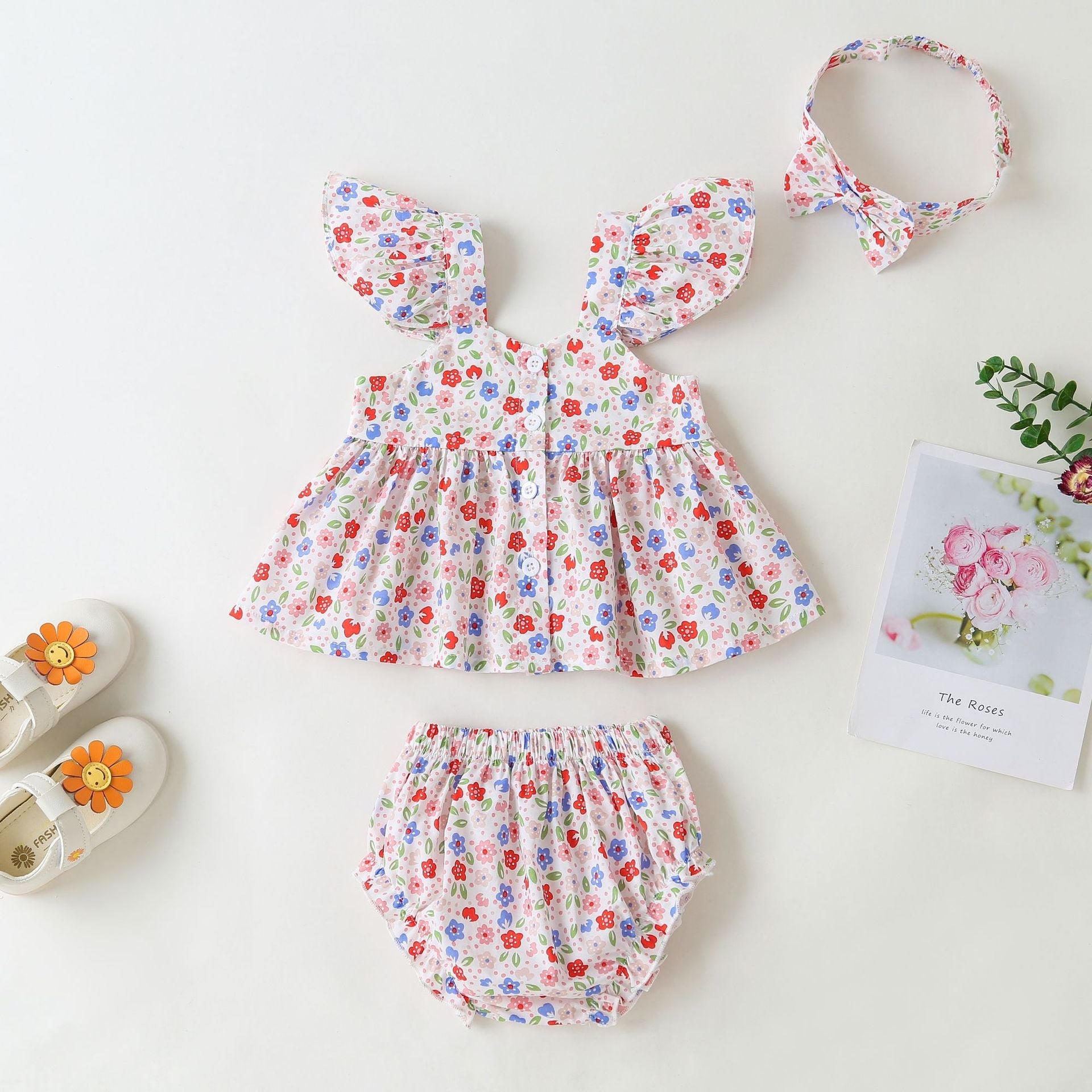 Baby Girl Little Floral Print Sleeveless Dress Combo Short Pants In Sets-1