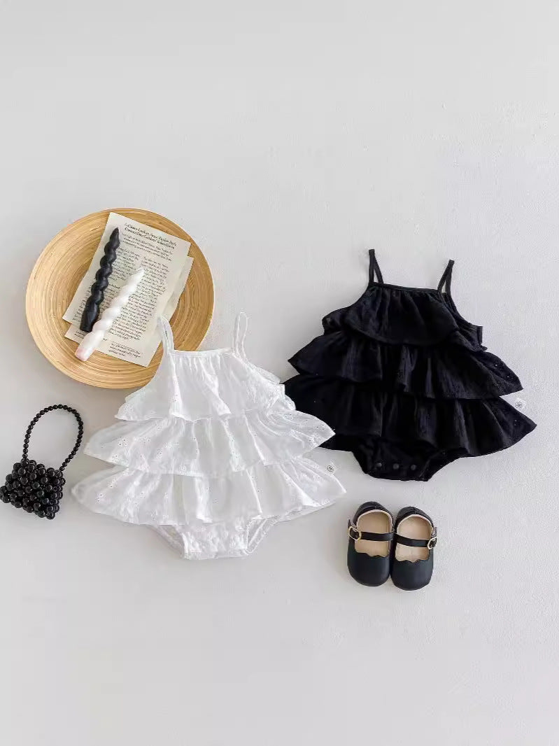 New Arrival Summer Baby Kids Girls Hollow Out Pattern Solid Color Sleeveless Strap Onesies-0