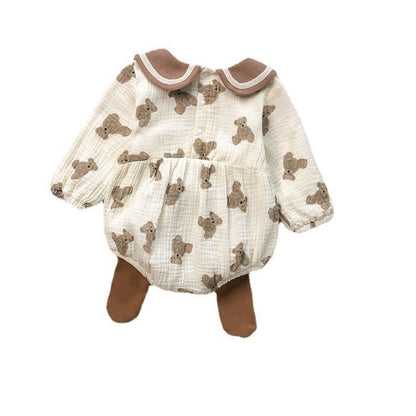 Baby All Over Bear Pattern Big Lapel Design Bodysuit-1